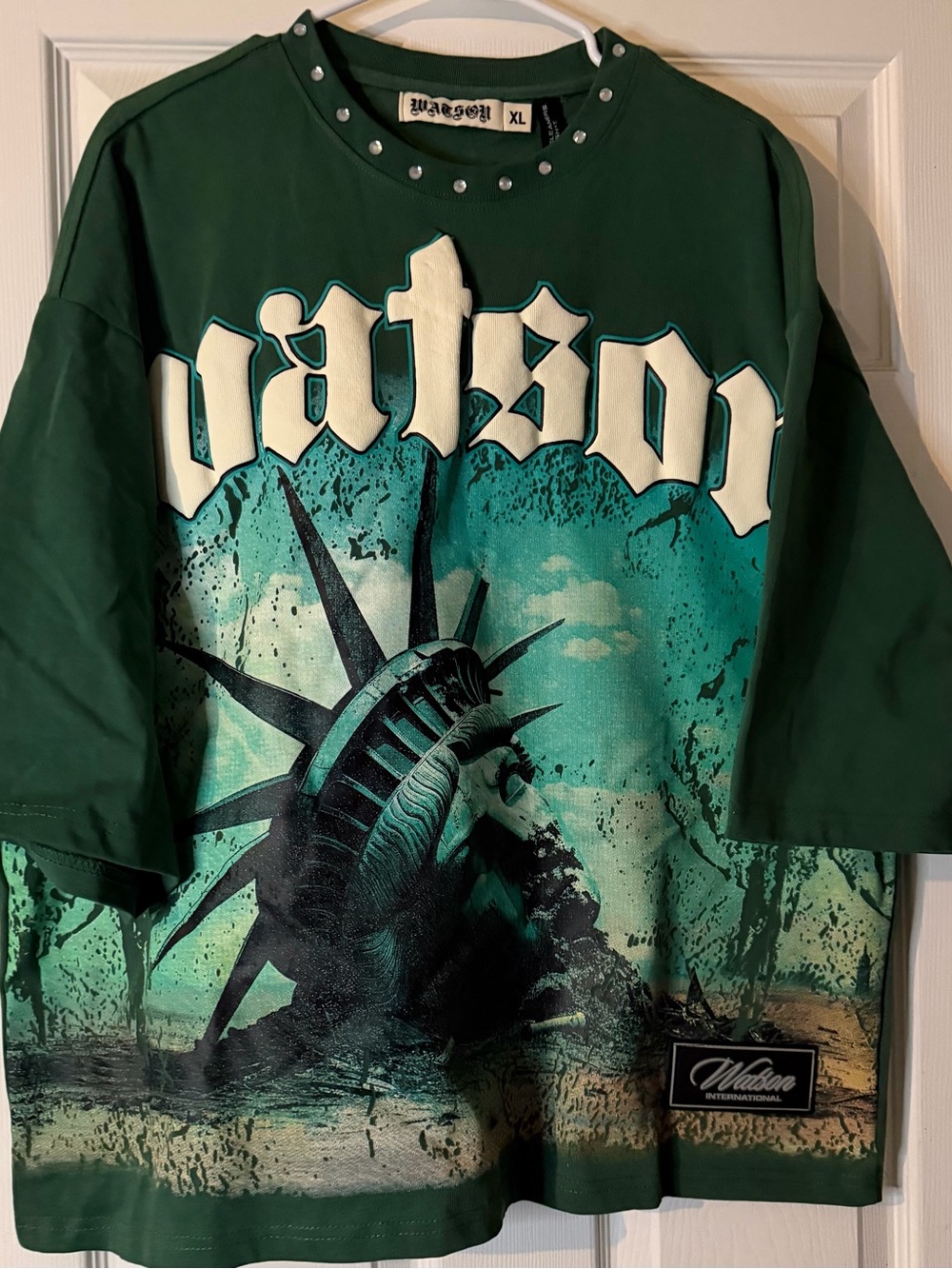 Watson Green Graphic Tee with Statue of Liberty Print